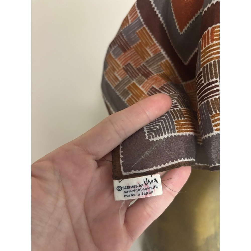 Vera Newman Vintage Silk Blend Scarf Brown Orange Geometric Sheer Square Japan - Picture 2 of 6